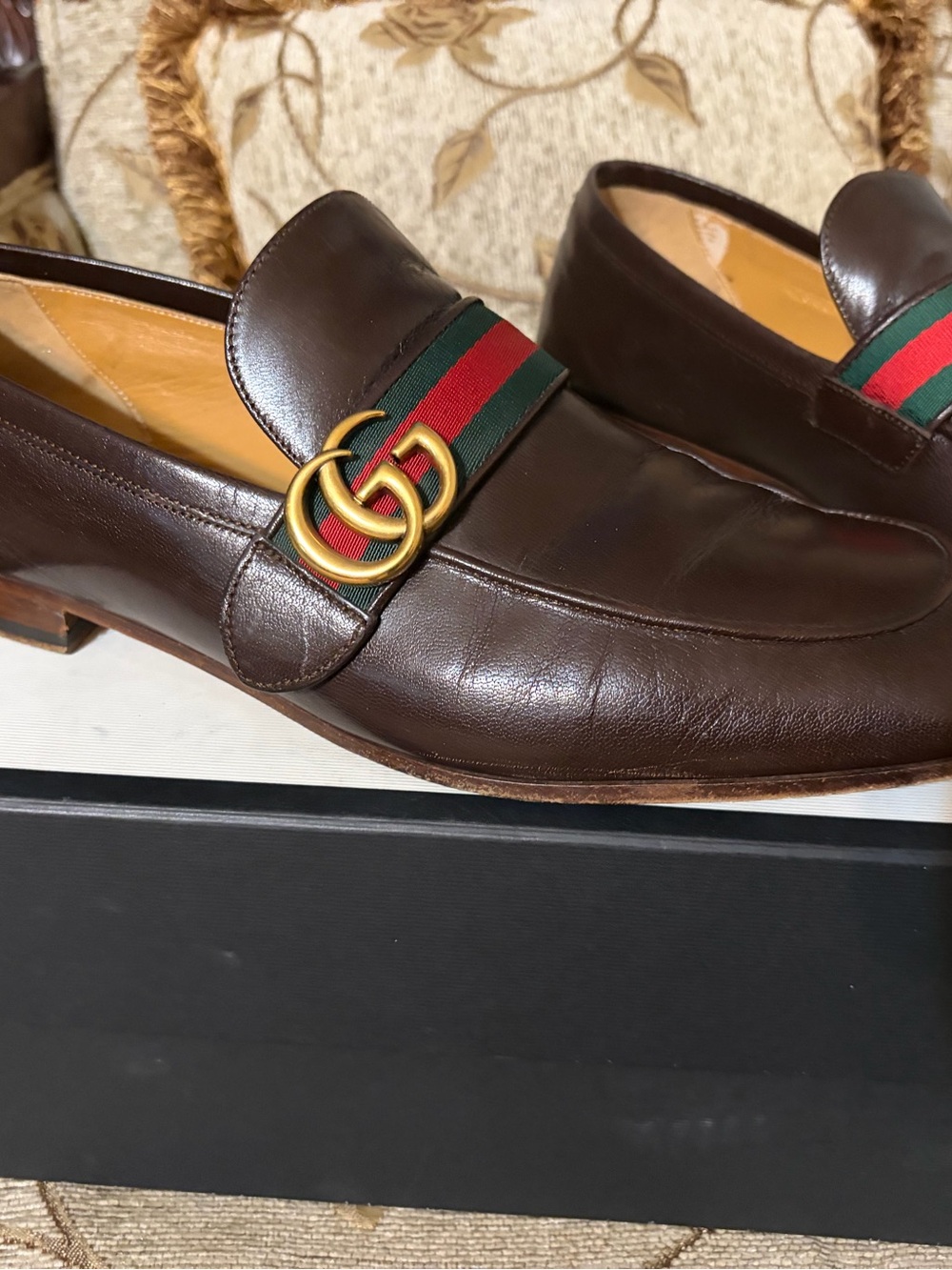 Gucci Dark Brown Leather Loafers with Green-Red Web & Gold GG - Picture 2 of 5